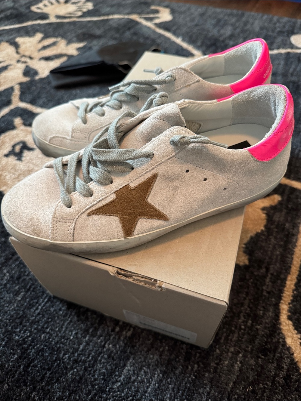 Golden Goose White Sneakers with tan star and Pink Heel